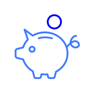 budget Blue line cartoon on a grey check background depicting a piggy bank with a coin above the pig.