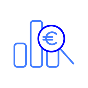 ca Blue line cartoon on a grey check background depicting 3 bar chart columns the 3rd has a blue line magnifying glass with the Euro symbol at the centre
