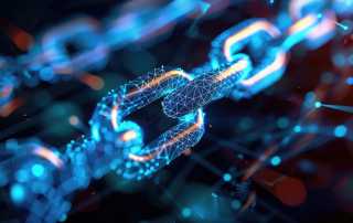 Close-up of a digital chain link representing blockchain technology with glowing blue and orange highlights.