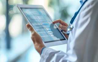 Doctor using a digital tablet to review electronic medical records in a modern healthcare setting.