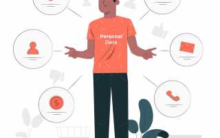 Illustration of a person surrounded by icons representing personal data such as email, phone, location and preferences.