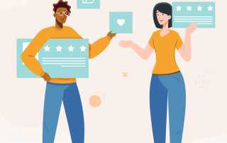 Illustration of two people sharing and receiving five-star feedback and positive reviews.