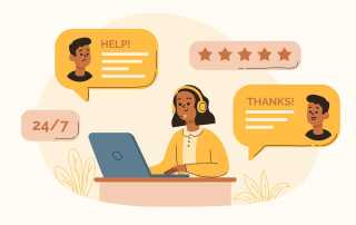 Customer support agent responding to inquiries through a laptop with chat bubbles showing 'Help!' and 'Thanks!