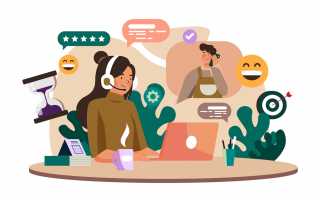 Illustration of a customer service representative using a laptop and headset to communicate with a happy customer, surrounded by icons representing reviews, time management, satisfaction and goals.
