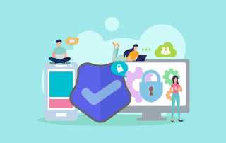 Illustration showing people securing data across devices, with locks, shields and digital icons representing customer data protection and communication security.