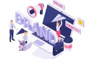 Illustration of people working on brand identity and value across digital channels.