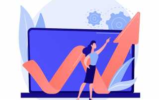 Illustration of a businesswoman pointing to an upward growth arrow symbolising scalable communications and strong CCM strategy performance.