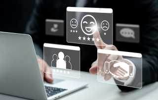 Business professional interacting with digital interface showing customer feedback, ratings, and communication icons, representing real-time customer experience management.