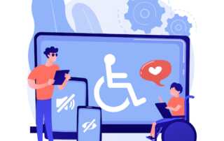 Illustration of accessible communications with wheelchair user and digital devices showing accessibility features