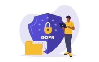 Illustration of a person reviewing data beside a shield and lock symbol representing GDPR compliance and data protection.